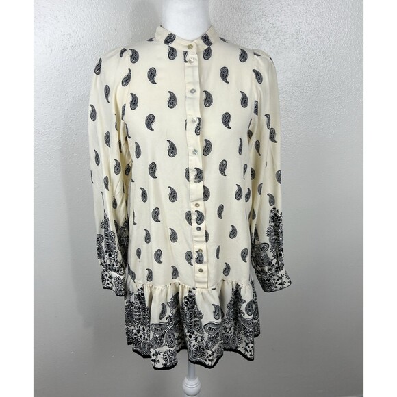 H&M Dress Women Small Beige Black Paisley All Over Print Long Sleeve Peplum Mini - Picture 15 of 15